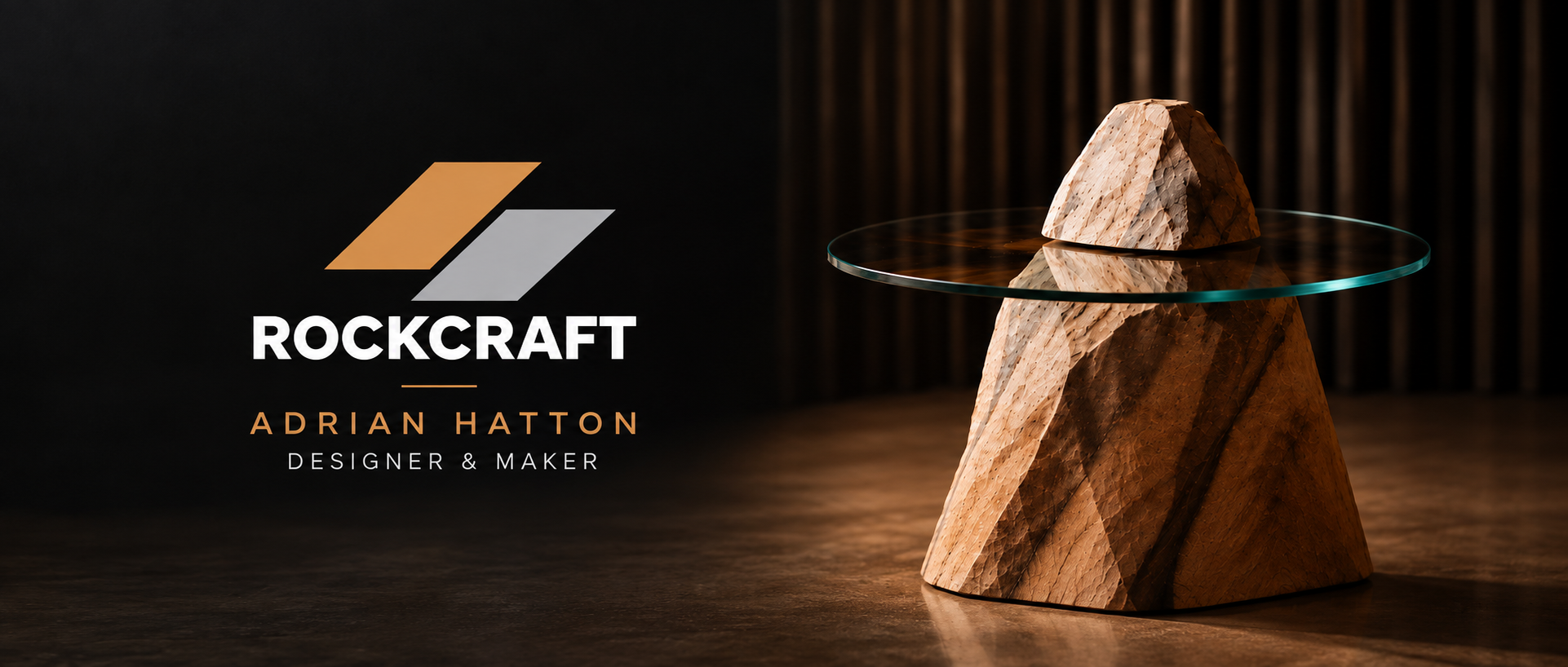 RockCraft, Adrian Hatton, Designer and Maker, with a hand-crafted rock table with a glass top